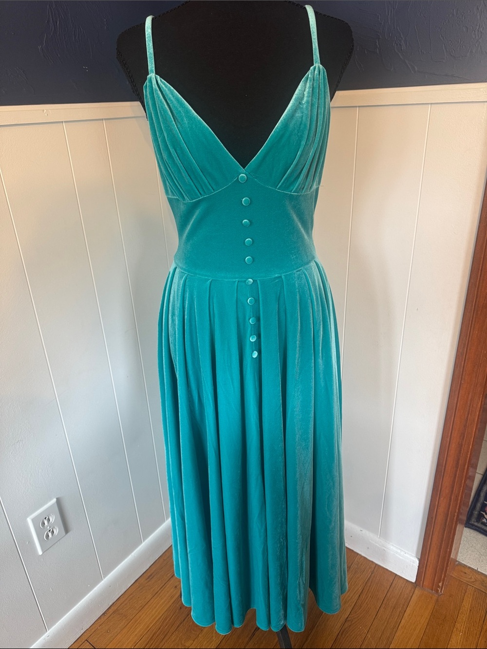 Teal V-Neck Velvet Midi Dress with Button Front